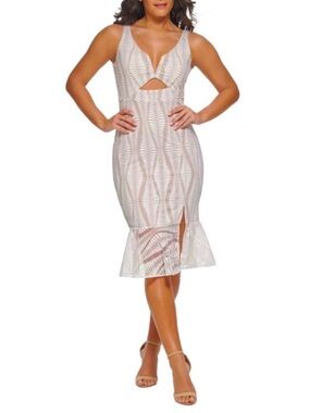 Guess White & Blush Cutout Lace-Pattern Midi Dress